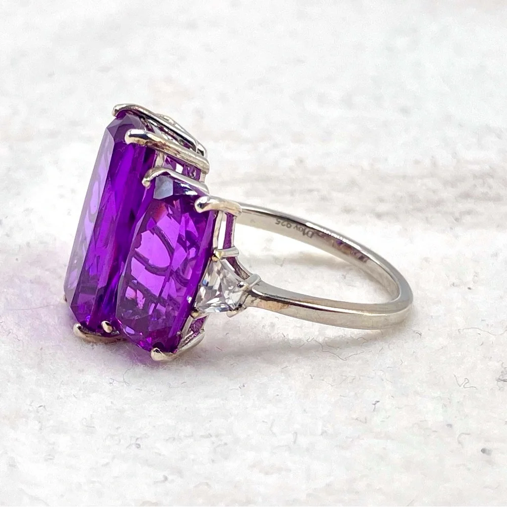 Huge Color Change Lab Sapphire Trilogy Cocktail Ring. Platinum over Sterling - Picture 5 of 16